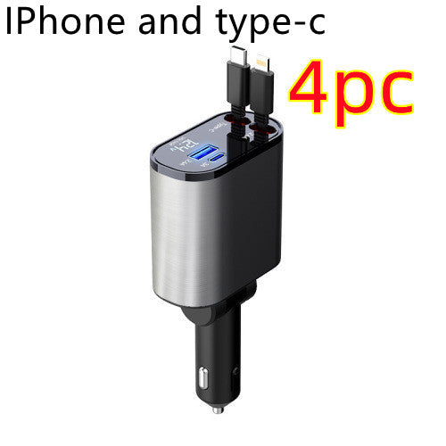 Cargador de Coche Metálico 100W con Cable Retráctil – Carga Súper Rápida USB y Type-C | Pantalla Digital
