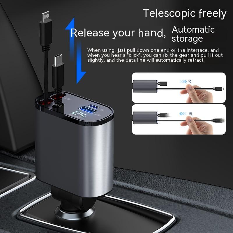 Cargador de Coche Metálico 100W con Cable Retráctil – Carga Súper Rápida USB y Type-C | Pantalla Digital