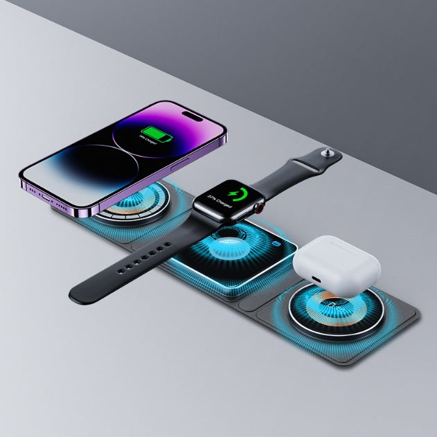 Caricabatterie wireless magnetico pieghevole 3 in 1 da 15 W – Compatibile con iPhone, Apple Watch e AirPods | Design trasparente e ricarica rapida