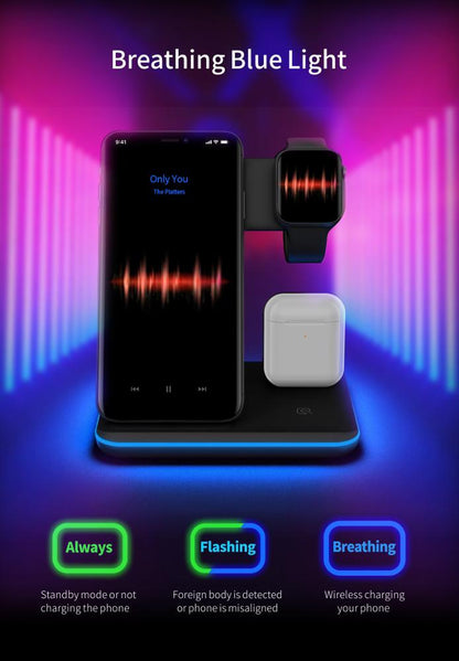 Cargador Inalámbrico 3 en 1 para Móvil, Smartwatch y Auriculares | Soporte de Carga Rápida con Luz Inteligente – Compatible Apple & Android