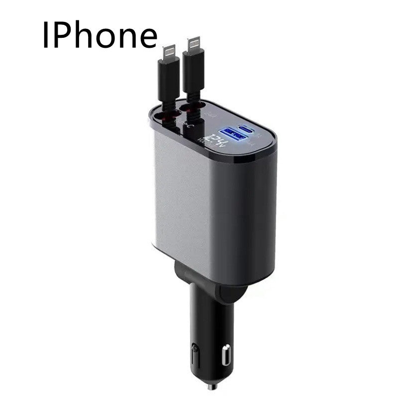 Cargador de Coche Metálico 100W con Cable Retráctil – Carga Súper Rápida USB y Type-C | Pantalla Digital