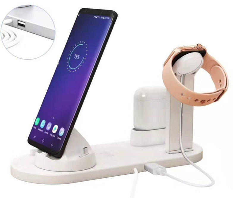 Estación de Carga Rápida 4 en 1 | Base para iPhone, AirPods y Smartwatch con Carga Inalámbrica 10W
