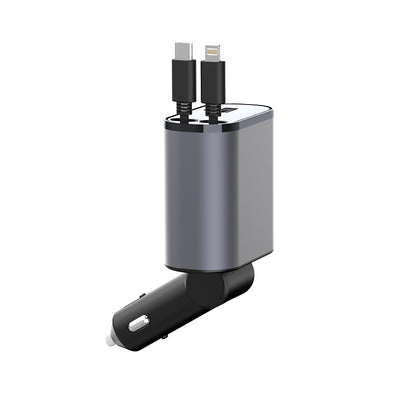 Cargador de Coche Metálico 100W con Cable Retráctil – Carga Súper Rápida USB y Type-C | Pantalla Digital