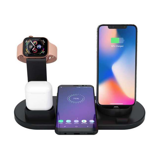 Estación de Carga Rápida 4 en 1 | Base para iPhone, AirPods y Smartwatch con Carga Inalámbrica 10W