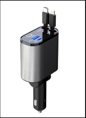 Cargador de Coche Metálico 100W con Cable Retráctil – Carga Súper Rápida USB y Type-C | Pantalla Digital