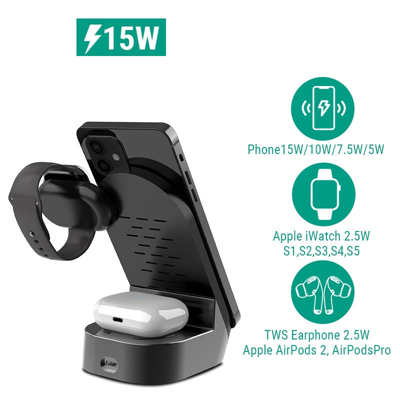 Cargador Inalámbrico 3 en 1 Plegable de 15W | Stand Vertical para Móvil, Watch y Auriculares | Carga Rápida USB-C
