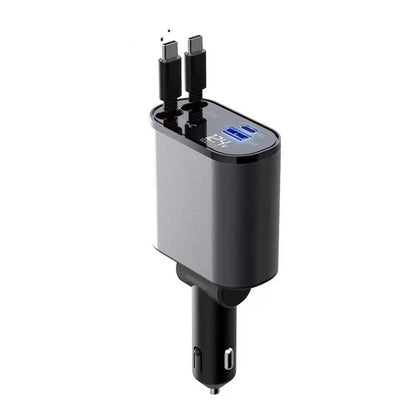 Cargador de Coche Metálico 100W con Cable Retráctil – Carga Súper Rápida USB y Type-C | Pantalla Digital