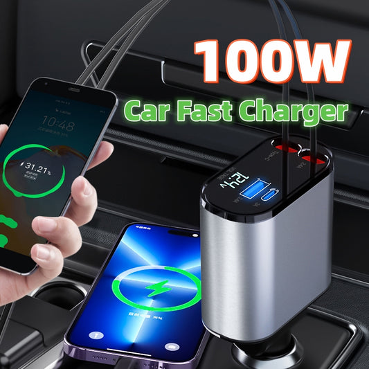 Cargador de Coche Metálico 100W con Cable Retráctil – Carga Súper Rápida USB y Type-C | Pantalla Digital