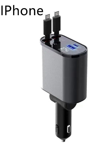 Cargador de Coche Metálico 100W con Cable Retráctil – Carga Súper Rápida USB y Type-C | Pantalla Digital