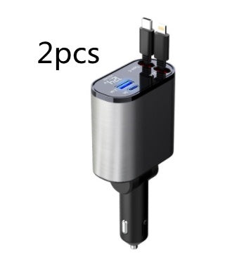 Cargador de Coche Metálico 100W con Cable Retráctil – Carga Súper Rápida USB y Type-C | Pantalla Digital