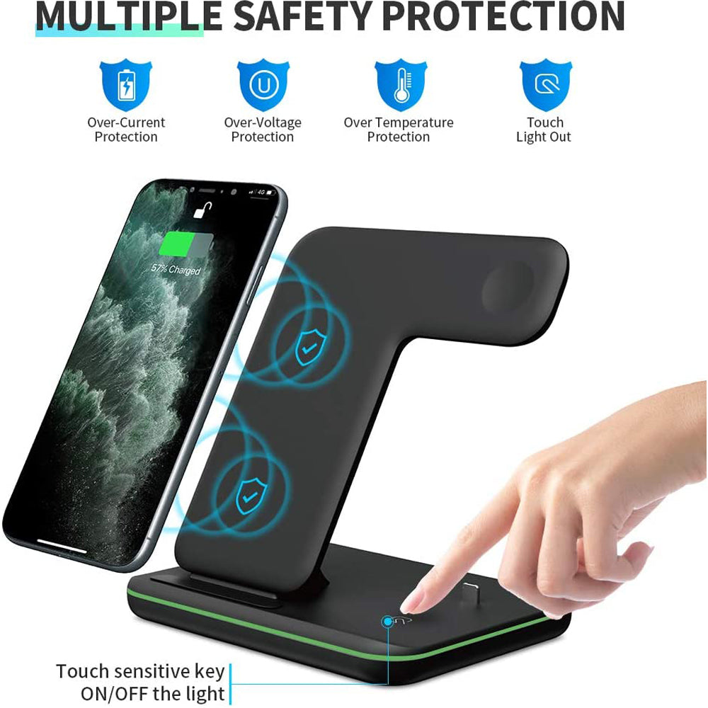 Cargador Inalámbrico 3 en 1 para Móvil, Smartwatch y Auriculares | Soporte de Carga Rápida con Luz Inteligente – Compatible Apple & Android