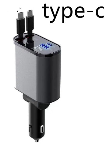 Cargador de Coche Metálico 100W con Cable Retráctil – Carga Súper Rápida USB y Type-C | Pantalla Digital