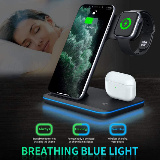Cargador Inalámbrico 3 en 1 para Móvil, Smartwatch y Auriculares | Soporte de Carga Rápida con Luz Inteligente – Compatible Apple & Android