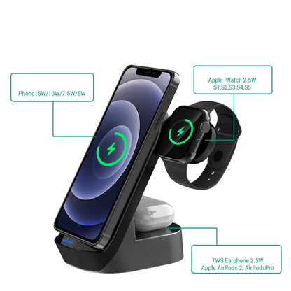 Cargador Inalámbrico 3 en 1 Plegable de 15W | Stand Vertical para Móvil, Watch y Auriculares | Carga Rápida USB-C