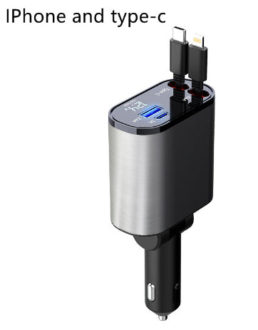 Cargador de Coche Metálico 100W con Cable Retráctil – Carga Súper Rápida USB y Type-C | Pantalla Digital