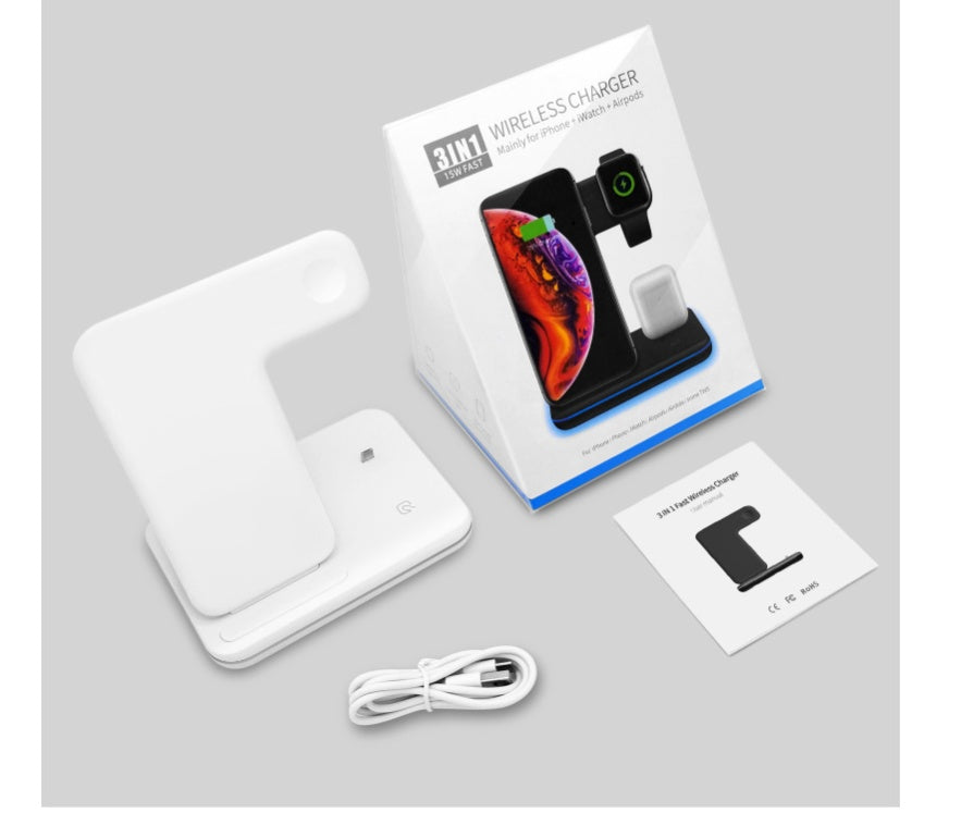Cargador Inalámbrico 3 en 1 para Móvil, Smartwatch y Auriculares | Soporte de Carga Rápida con Luz Inteligente – Compatible Apple & Android