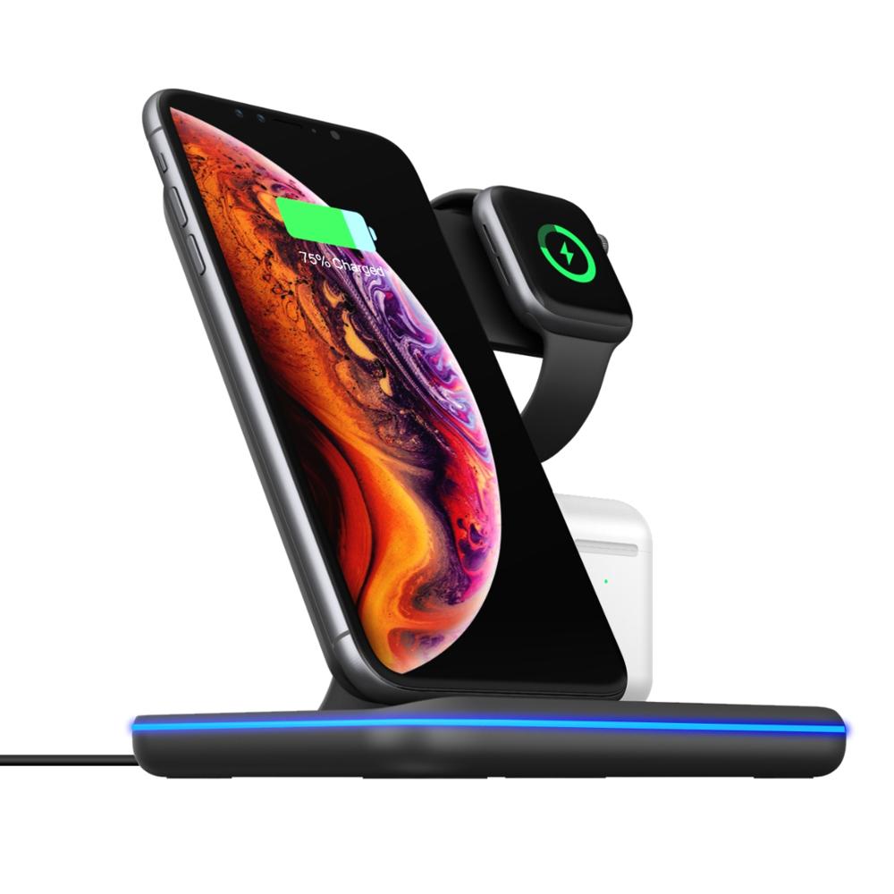 Cargador Inalámbrico 3 en 1 para Móvil, Smartwatch y Auriculares | Soporte de Carga Rápida con Luz Inteligente – Compatible Apple & Android
