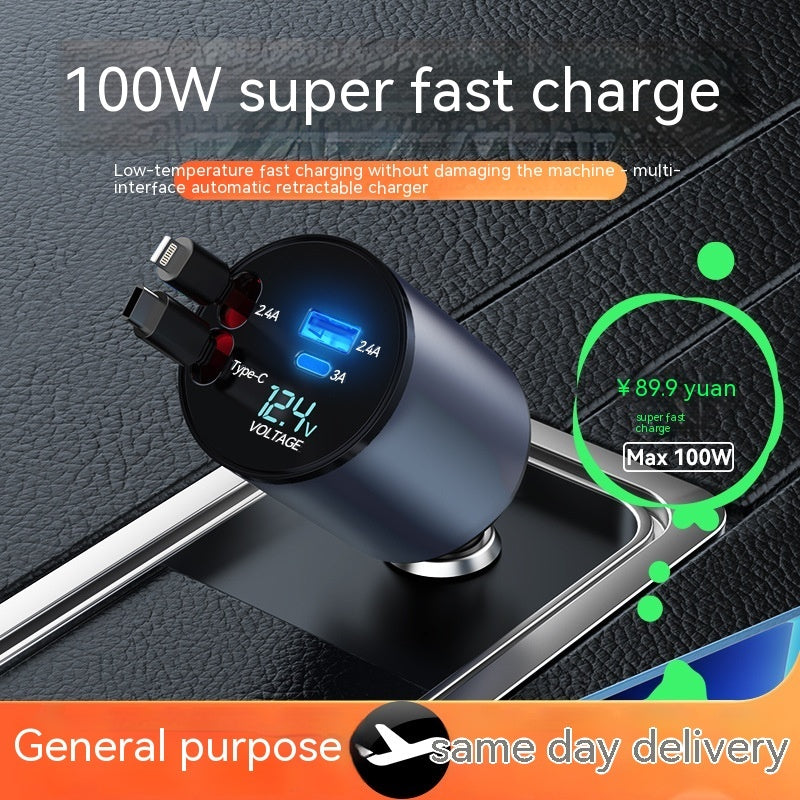 Cargador de Coche Retráctil 100W – Carga Rápida para Móviles y Dispositivos Digitales | Pantalla de Voltaje