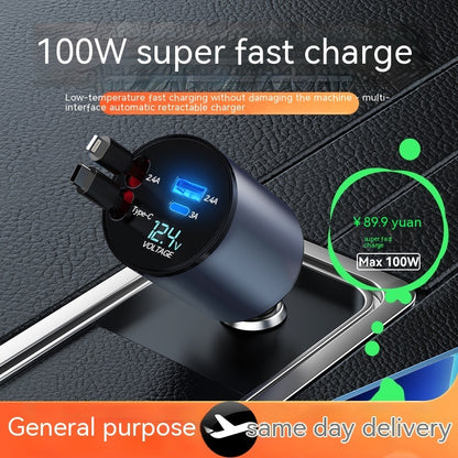 Cargador de Coche Retráctil 100W – Carga Rápida para Móviles y Dispositivos Digitales | Pantalla de Voltaje