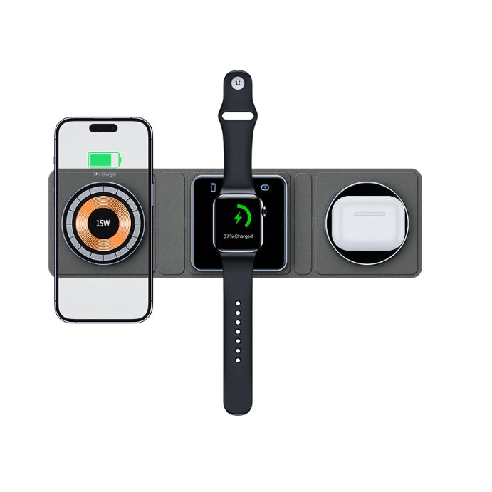 Caricabatterie wireless magnetico pieghevole 3 in 1 da 15 W – Compatibile con iPhone, Apple Watch e AirPods | Design trasparente e ricarica rapida
