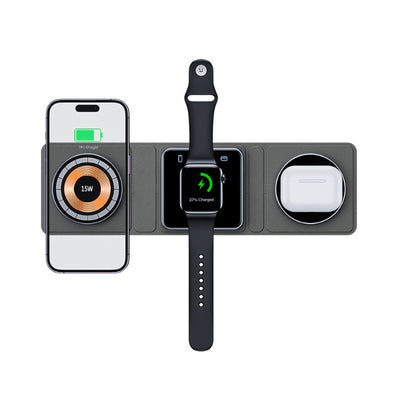 Caricabatterie wireless magnetico pieghevole 3 in 1 da 15 W – Compatibile con iPhone, Apple Watch e AirPods | Design trasparente e ricarica rapida