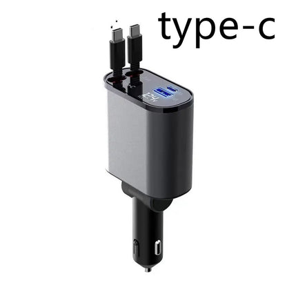 Cargador de Coche Metálico 100W con Cable Retráctil – Carga Súper Rápida USB y Type-C | Pantalla Digital
