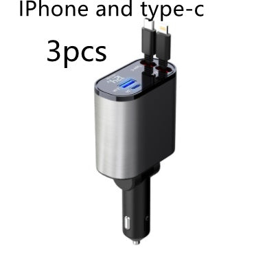 Cargador de Coche Metálico 100W con Cable Retráctil – Carga Súper Rápida USB y Type-C | Pantalla Digital