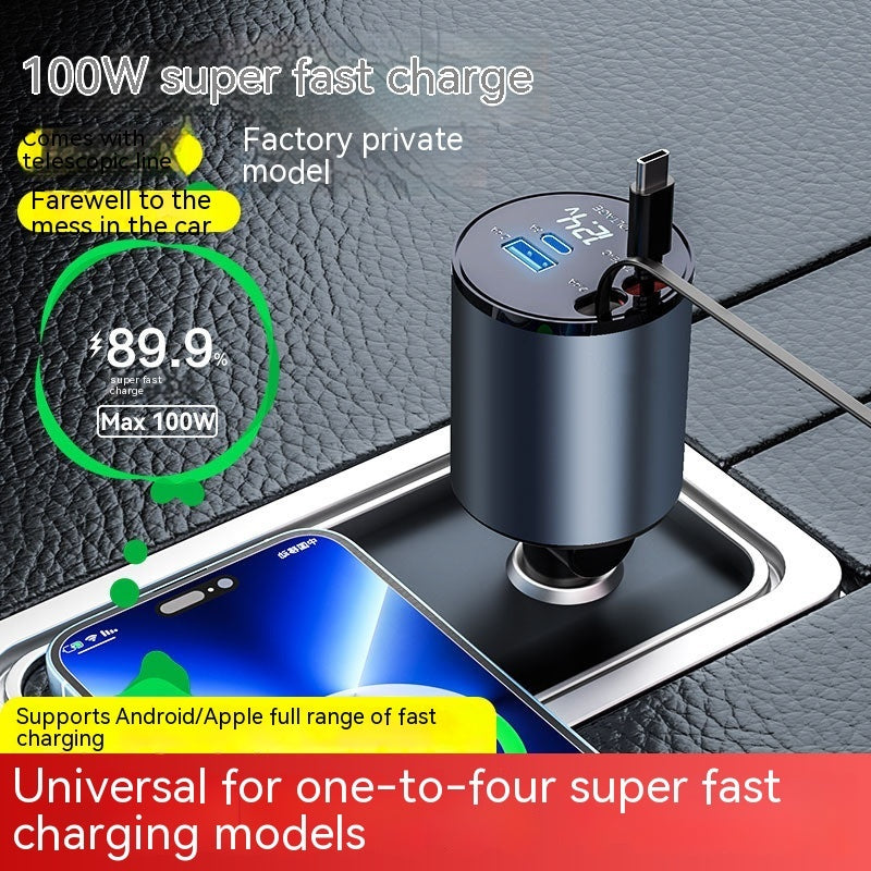 Cargador de Coche Retráctil 100W – Carga Rápida para Móviles y Dispositivos Digitales | Pantalla de Voltaje