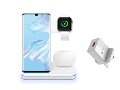 Cargador Inalámbrico 3 en 1 para Móvil, Smartwatch y Auriculares | Soporte de Carga Rápida con Luz Inteligente – Compatible Apple & Android