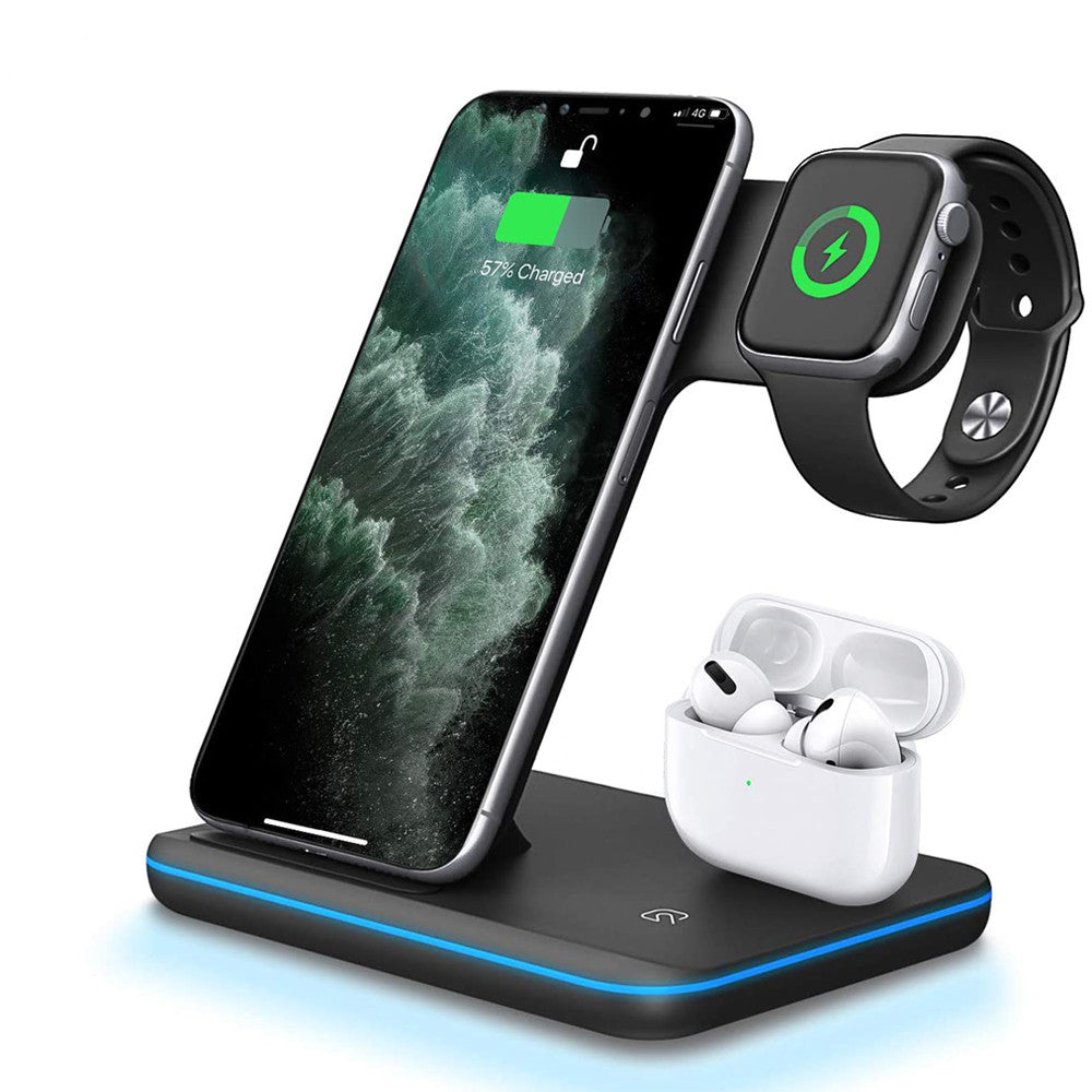 Cargador Inalámbrico 3 en 1 para Móvil, Smartwatch y Auriculares | Soporte de Carga Rápida con Luz Inteligente – Compatible Apple & Android