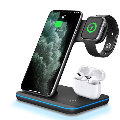 Cargador Inalámbrico 3 en 1 para Móvil, Smartwatch y Auriculares | Soporte de Carga Rápida con Luz Inteligente – Compatible Apple & Android