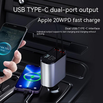 Cargador de Coche Metálico 100W con Cable Retráctil – Carga Súper Rápida USB y Type-C | Pantalla Digital