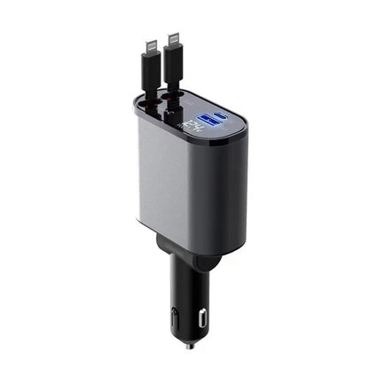 Cargador de Coche Metálico 100W con Cable Retráctil – Carga Súper Rápida USB y Type-C | Pantalla Digital