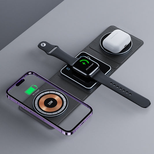 Cargador Inalámbrico Magnético 3 en 1 Plegable 15W – Compatible con iPhone, Apple Watch y AirPods | Diseño Transparente y Carga Rápida