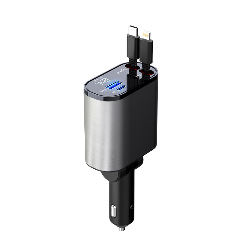 Cargador de Coche Metálico 100W con Cable Retráctil – Carga Súper Rápida USB y Type-C | Pantalla Digital