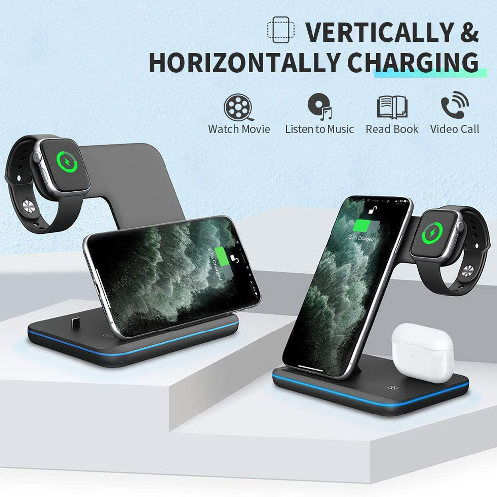 Cargador Inalámbrico 3 en 1 para Móvil, Smartwatch y Auriculares | Soporte de Carga Rápida con Luz Inteligente – Compatible Apple & Android